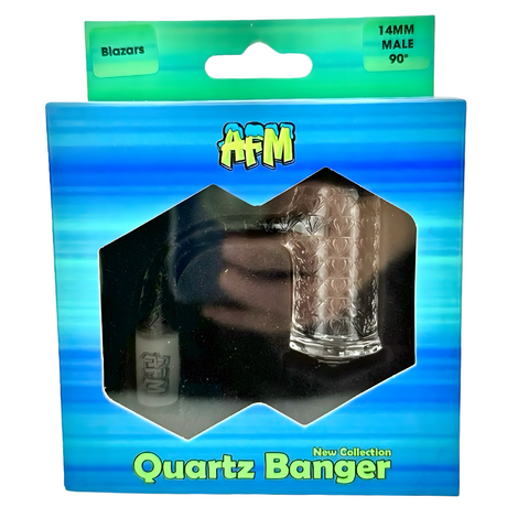 AFM Blazars Quartz Dab Banger Set on retail card, 14MM Male 90° angle, front view