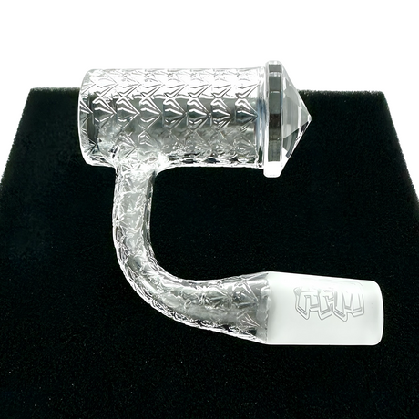 AFM Blazars Quartz Dab Banger Set on black stand, clear with textured design, side view