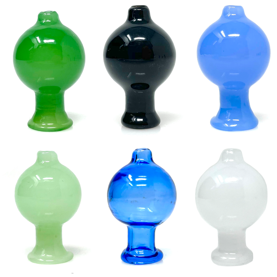 AFM Mini Full Color Carb Caps in green, black, blue, and clear borosilicate glass, front and top views