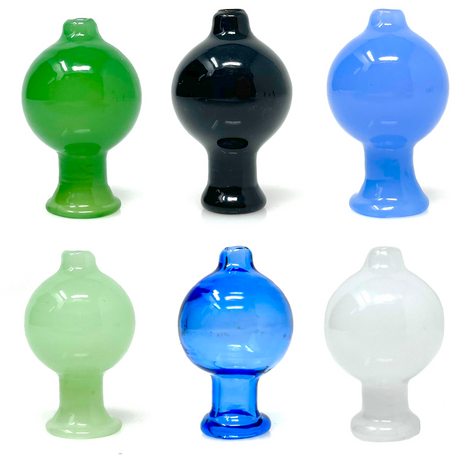 AFM Mini Full Color Carb Caps in green, black, blue, and clear borosilicate glass, front and top views