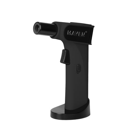 Maven Torch Night Windproof Jet Flame Lighter in Black, Side View on Stand