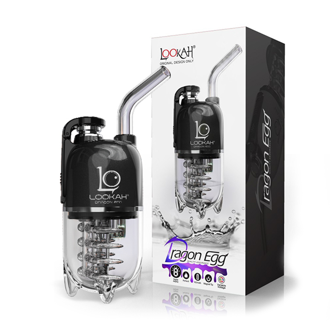 Lookah Dragon Egg Vaporizer with clear glass body and black accents, displayed next to its box