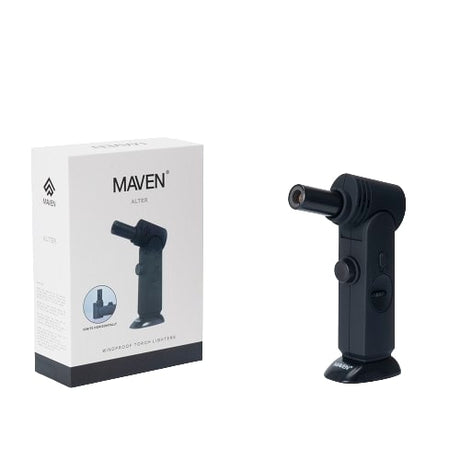 Maven Torch Alter in Black - Adjustable Head & Windproof Jet Flame, Side View with Packaging