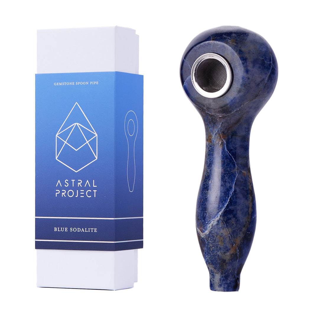 Astral Project Blue Sodalite Gemstone Spoon Pipe with Borosilicate Glass, side view on white background