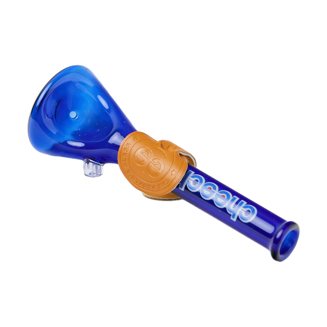 Cheech Glass 4" Mini Bong Pipe in Blue with Logo, Angled Side View on White Background