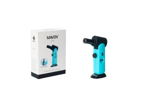 Maven Torch Alter in Sky Blue with Adjustable Head & Windproof Jet Flame, displayed next to its packaging.