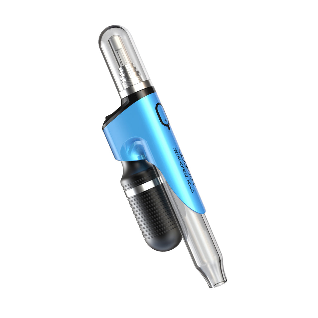 Lookah Seahorse King Vaporizer in blue with a clear glass mouthpiece, side view on a white background