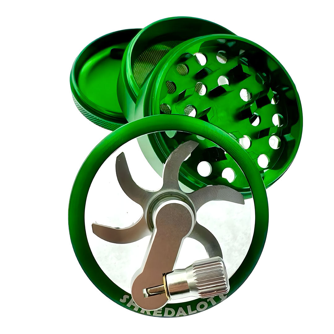 Sir Shredalot Crank Top 4-Part Grinder in Green, Disassembled View Showing Sharp Teeth and Pollen Screen