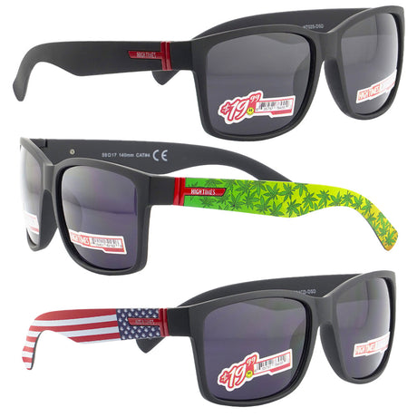 Assorted High Times Sunglasses display with 420 and American flag designs, front and side views