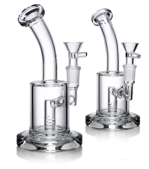 1Stop Glass 8" Clear Bongs with Bent Neck and Percolator, 90 Degree Joint, Front View