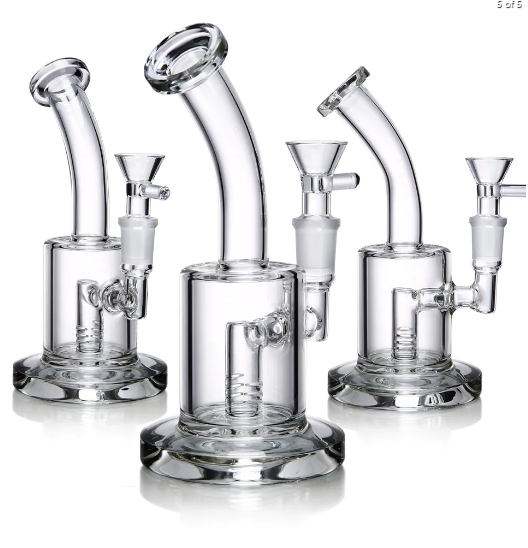 1Stop Glass 8" Bongs with Bent Necks, Clear Borosilicate, Percolator, Front View