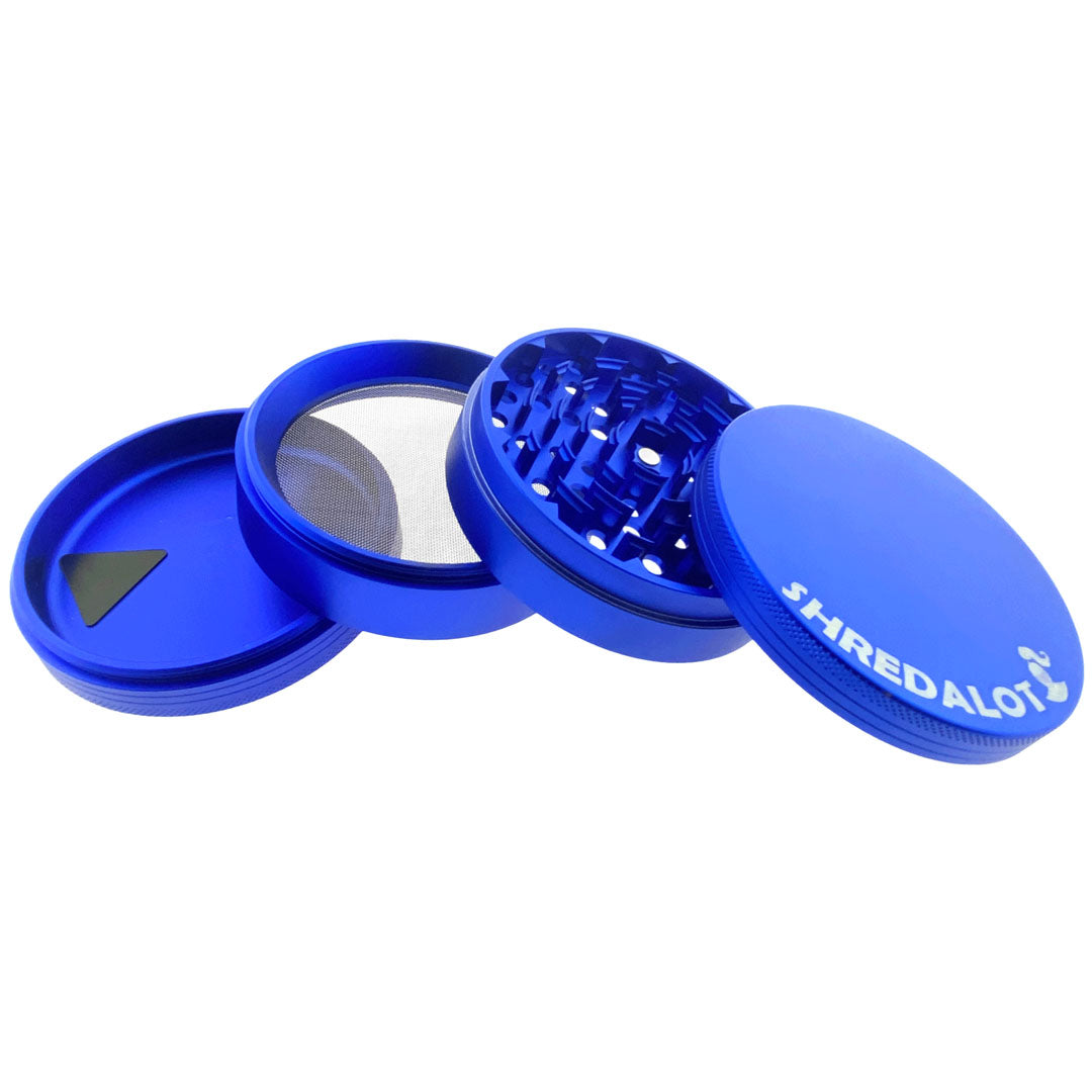 Sir Shredalot 4-part Grinder in Blue, 100mm, open view showing all compartments