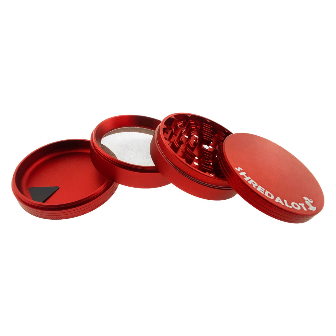 Sir Shredalot 4-Part Grinder in Red, 100mm, Open View Showing All Compartments