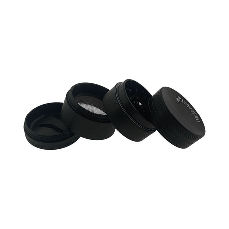 Sir Shredalot 4-part Grinder in Black with Carved Lid and Fine Mesh Screen, Disassembled View