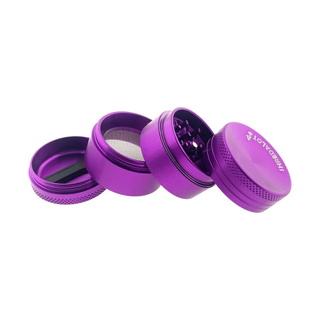 Sir Shredalot 4-Part Grinder 40mm with Carved Lid in Purple, Disassembled View