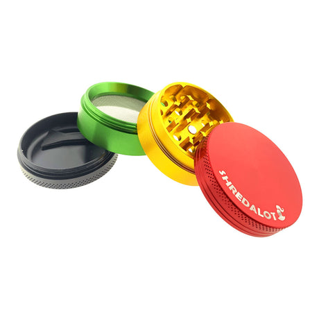 Sir Shredalot 4-part Grinder 50mm in red, green, and black with fine mesh screen