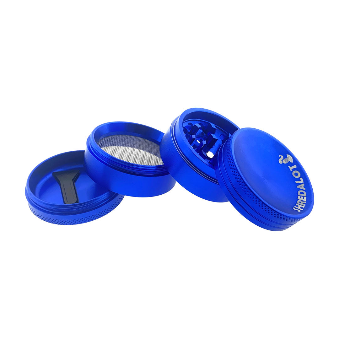 Sir Shredalot 4-Part Grinder 50mm with Carved Lid in Blue, Disassembled View