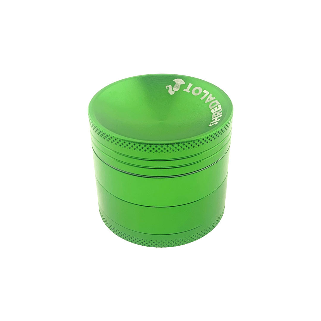 Sir Shredalot 4-part Grinder in vibrant green with carved lid, 50mm, front view on white background