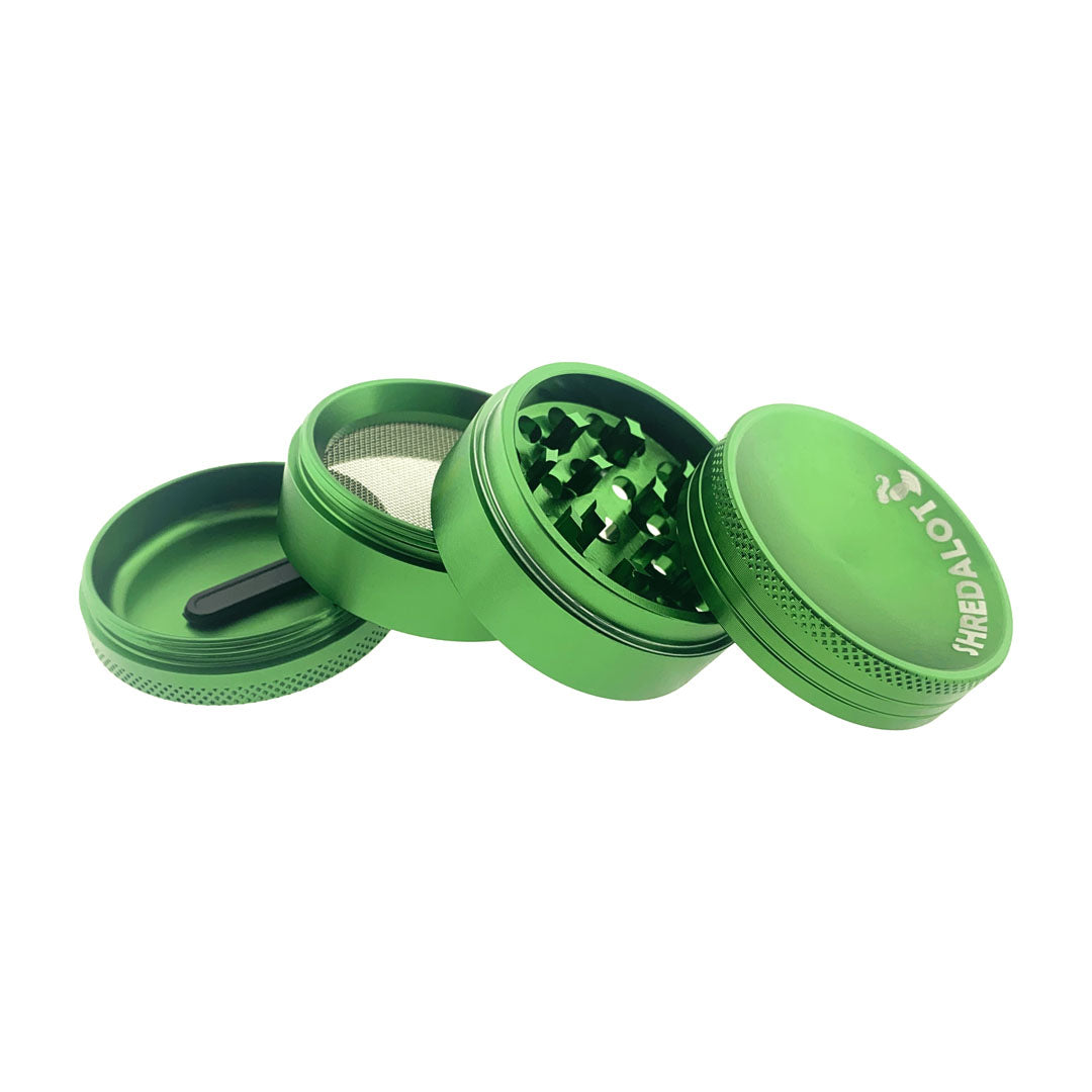 Sir Shredalot 4-part Grinder 50mm with Carved Lid in Green, Disassembled View