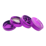 Sir Shredalot 4-Part Grinder in Purple with Carved Lid and Pollen Screen, Disassembled View