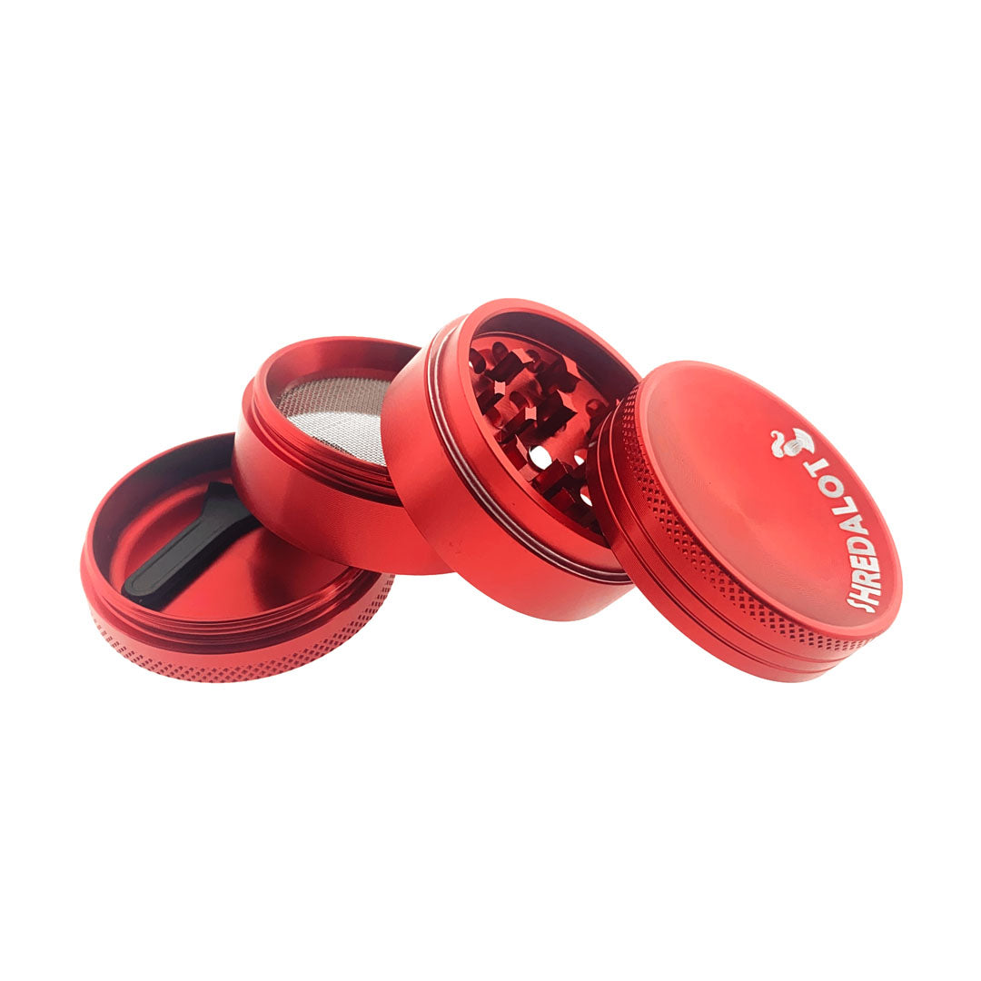 Sir Shredalot 4-part Grinder 50mm with Carved Lid in Red, Open View Showing All Compartments