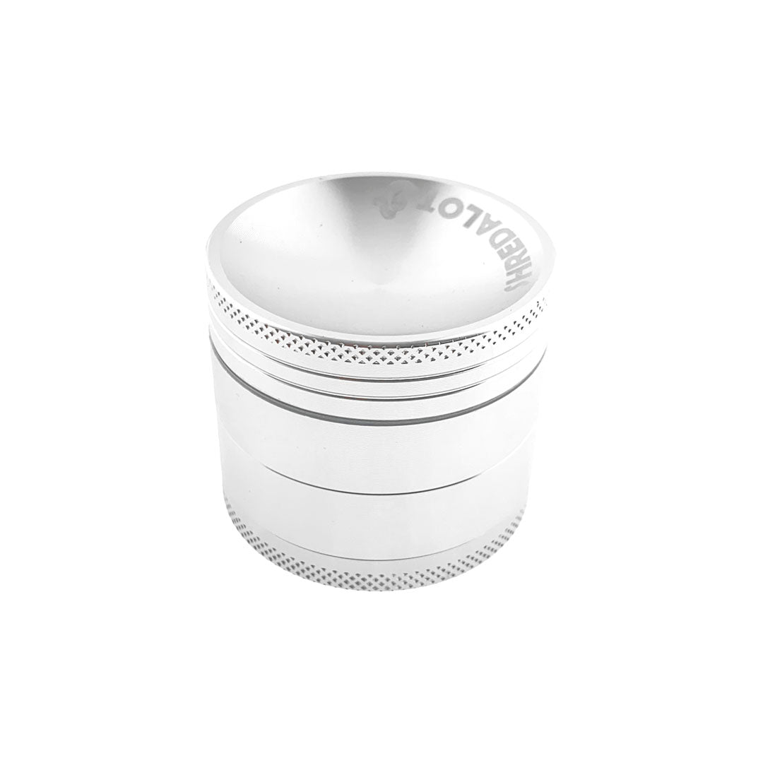 Sir Shredalot 4-Part Grinder 50mm with Carved Lid, Silver, Isolated on White Background