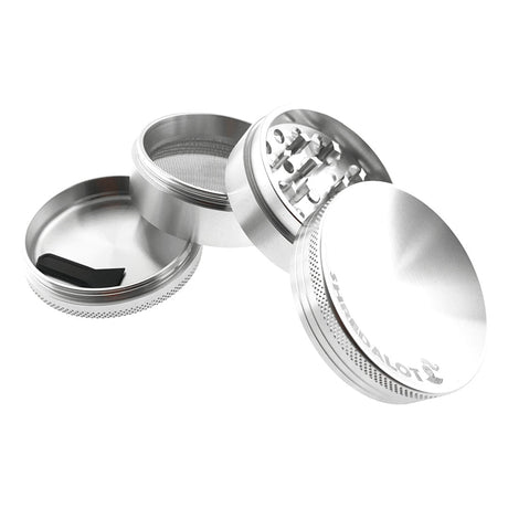 Sir Shredalot 4-Part Grinder 63mm with Carved Lid, Disassembled View Showing All Parts