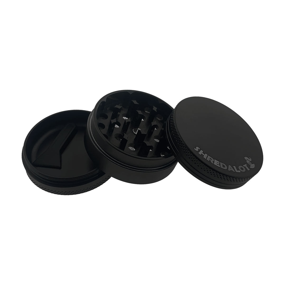 Sir Shredalot 3-part Grinder 50mm in black, open view showing sharp teeth and storage