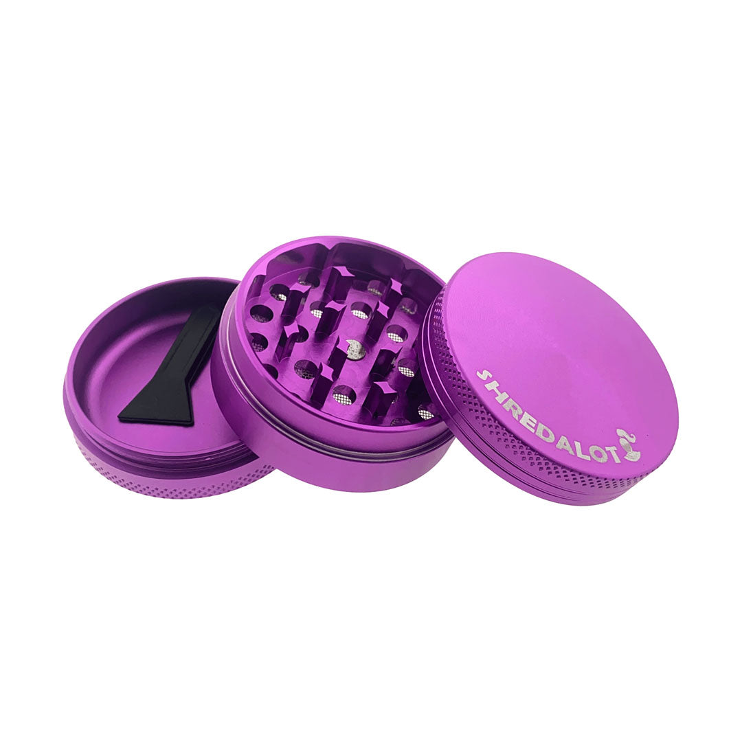 Sir Shredalot 3-Part Grinder 50mm in Purple - Open View Showing Sharp Teeth and Storage