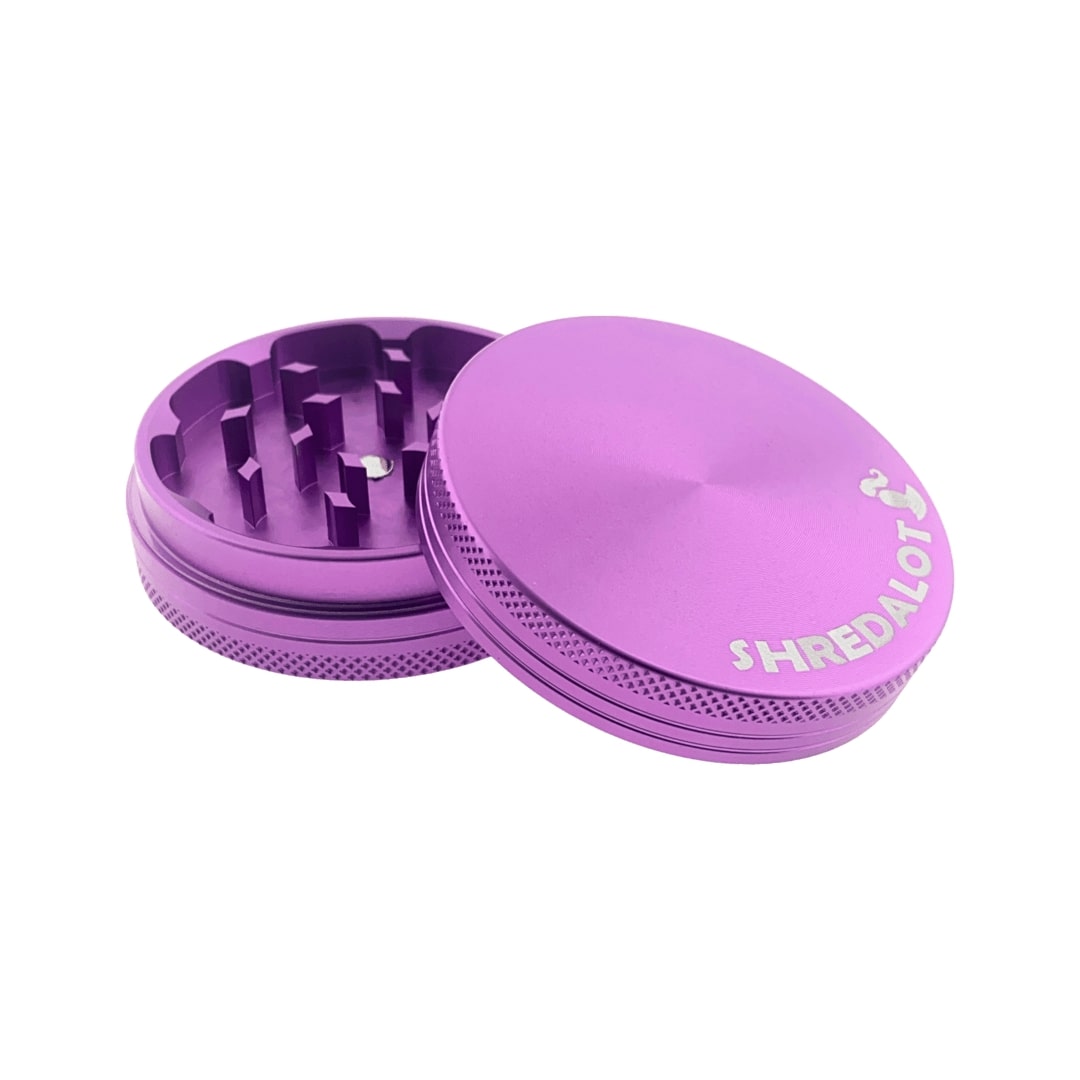 Sir Shredalot 63mm 2-Part Grinder in vibrant purple with durable build, top view