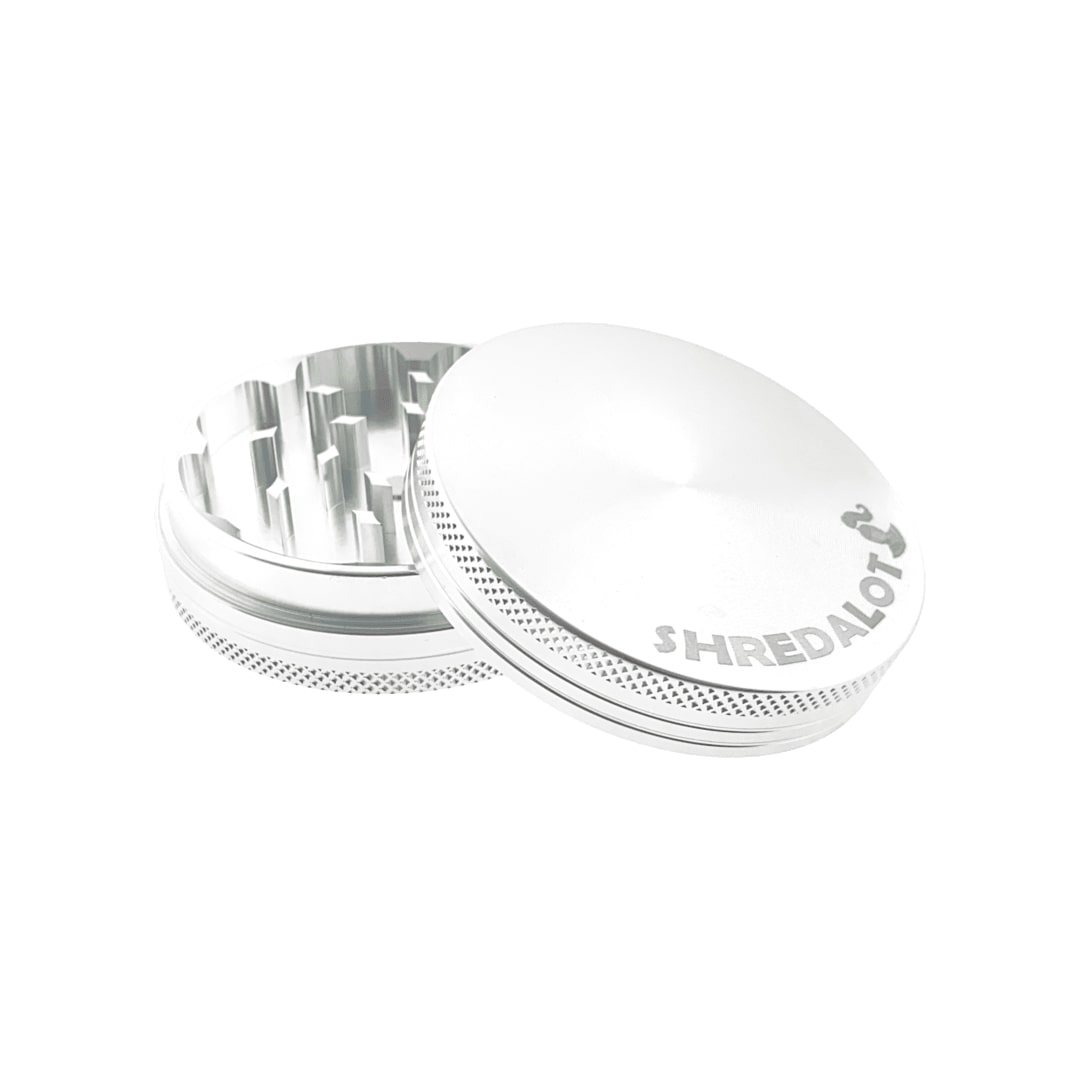 Sir Shredalot 63mm 2-Part Grinder in Silver, Open View Showing Sharp Teeth