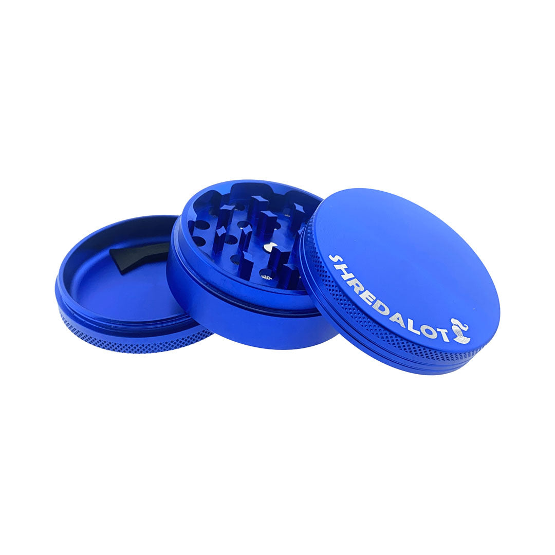 Sir Shredalot 3-Part Grinder 63mm in Blue, Open View Showing Sharp Teeth and Deep Chamber