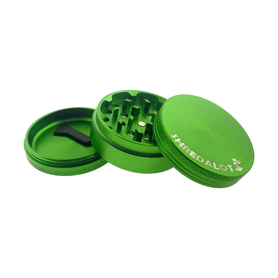 Sir Shredalot 3-part Grinder in vibrant green, 63mm, showing all components side view