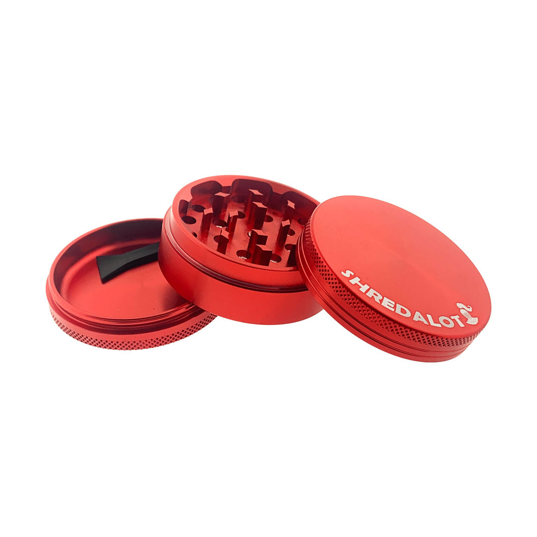 Sir Shredalot 3-Part Grinder 63mm in Red, Open View Showing Sharp Teeth and Storage