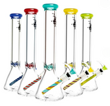 1Stop Glass 16" Beaker Bongs with Ice Pinch in Designer Colors, Front View on White Background