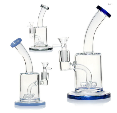 1Stop Glass 8" Slitted Cross Perc Bong in Black and Blue, Compact Design, Front and Angle Views