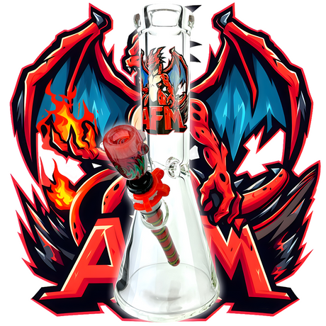 12" AFM Anime Dragon Beaker Bong with colorful glass accents, front view on themed backdrop