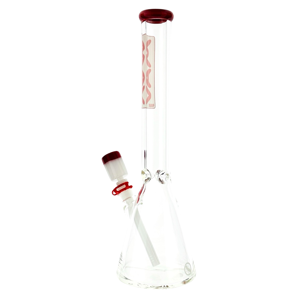 MAV Glass 18" Beaker Bong with 9mm thickness and red accents, front view on white background