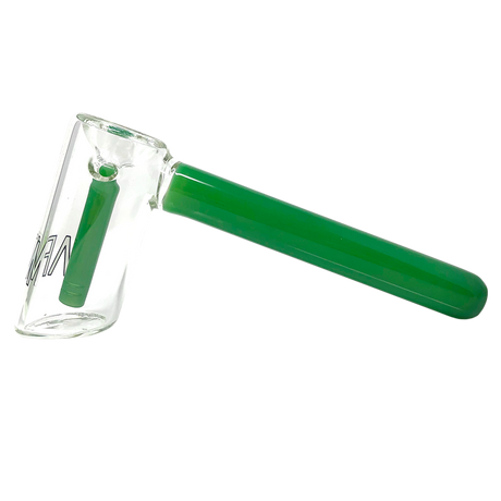 8" AFM Shooter Glass Bubbler with green colored stem and showerhead perc, side view on white background