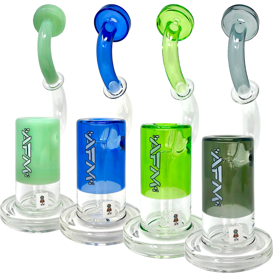 AFM Microscope Color Glass Bubblers in green, blue, and grey, with borosilicate glass and female joint