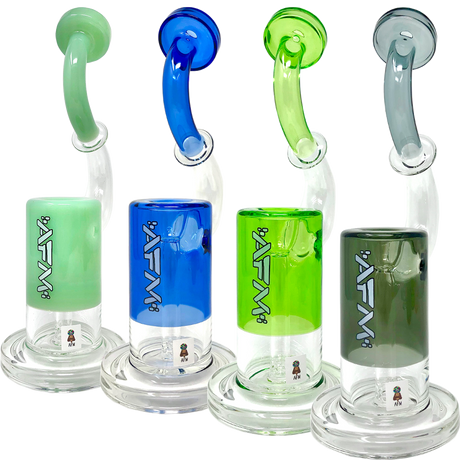 AFM Microscope Color Glass Bubblers in green, blue, and grey, with borosilicate glass and female joint