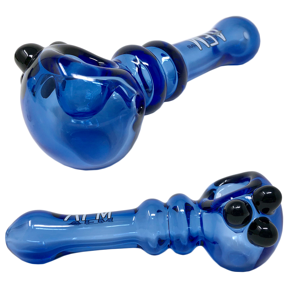 AFM Double Halo Glass Pipe in Blue, Top and Side Views on White Background