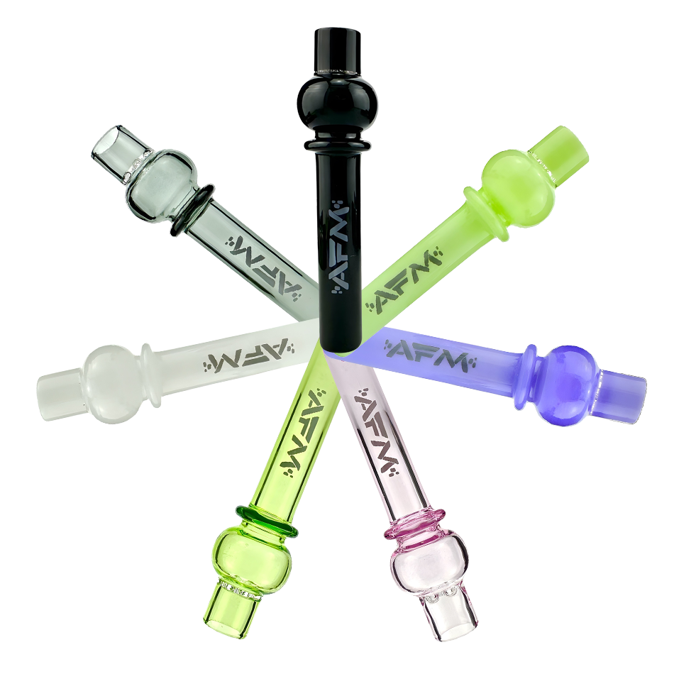 Assorted AFM Globe Glass One Hitter pipes in multiple colors displayed in star pattern