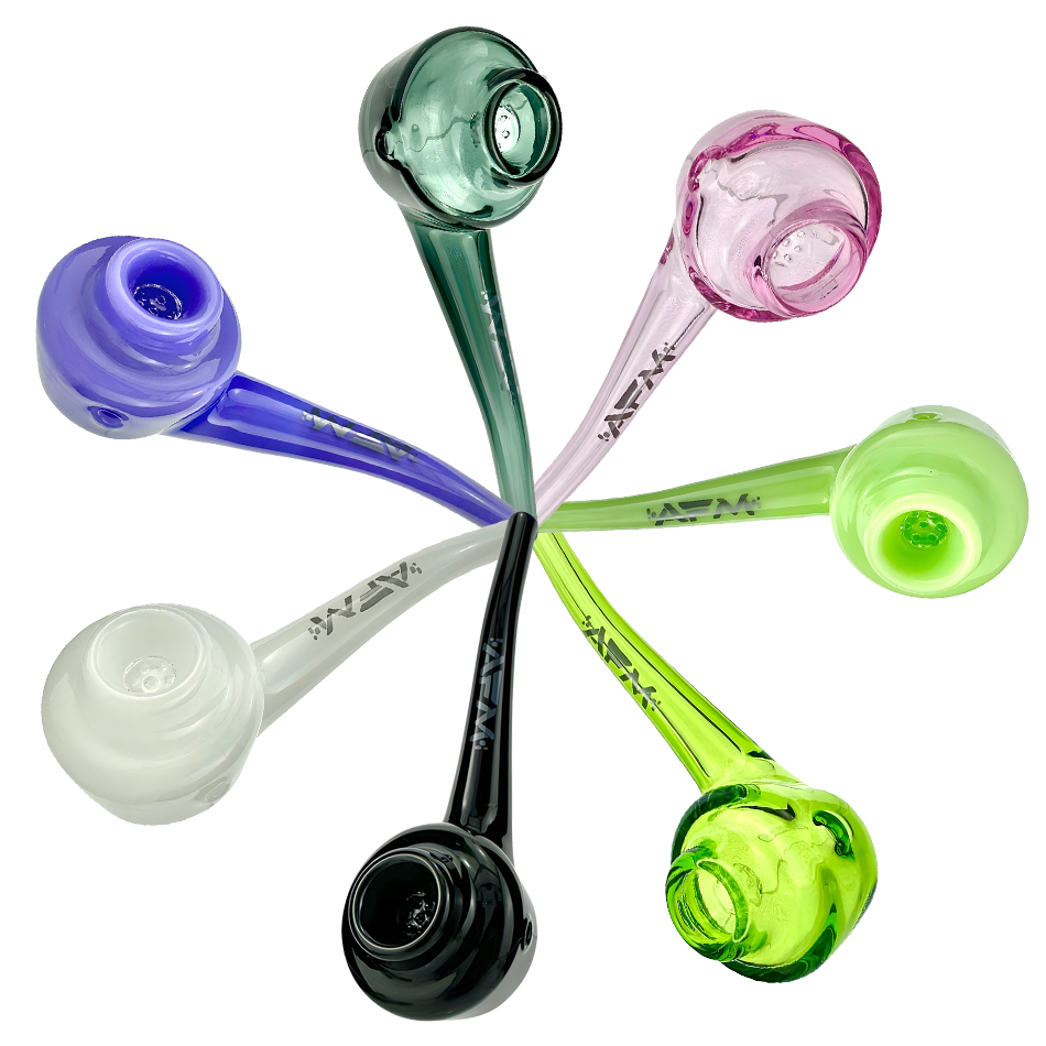 AFM Daffodil Glass Screen Hand Pipes in various colors with a top view, showcasing the deep bowls and classic spoon design.