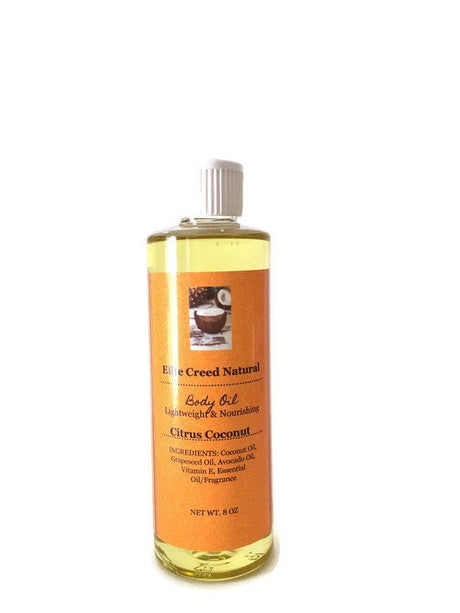 Elite Creed Natural Citrus Coconut Scented Body Oil, Lightweight & Nourishing, Front View