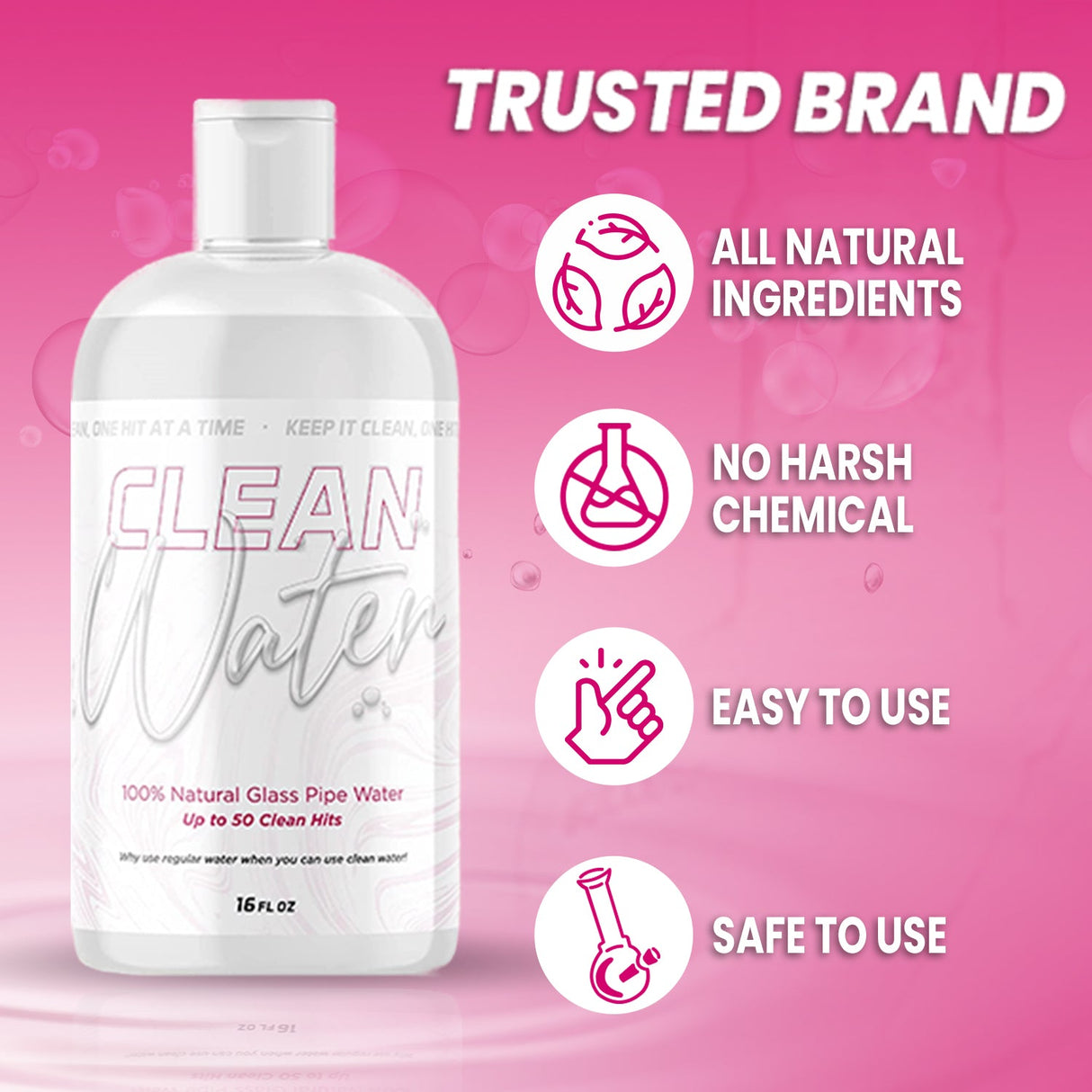 Pink Formula Clean Water 16oz bottle, natural glass pipe cleaner, chemical-free, easy to use