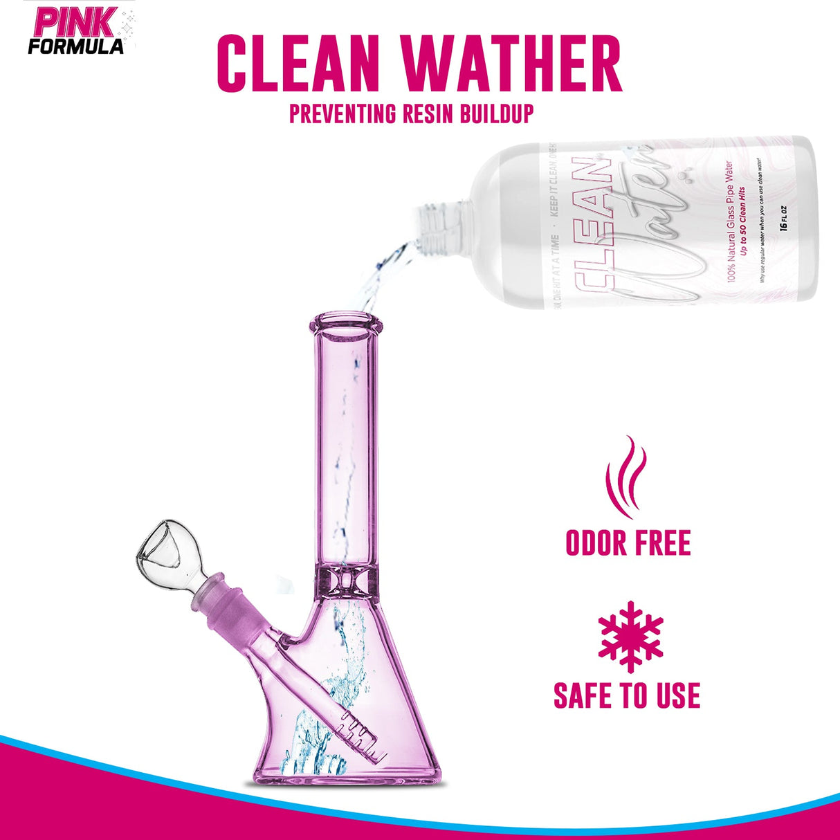 Pink Formula Clean Water 16oz bottle pouring into glass bong, preventing resin buildup, odor free