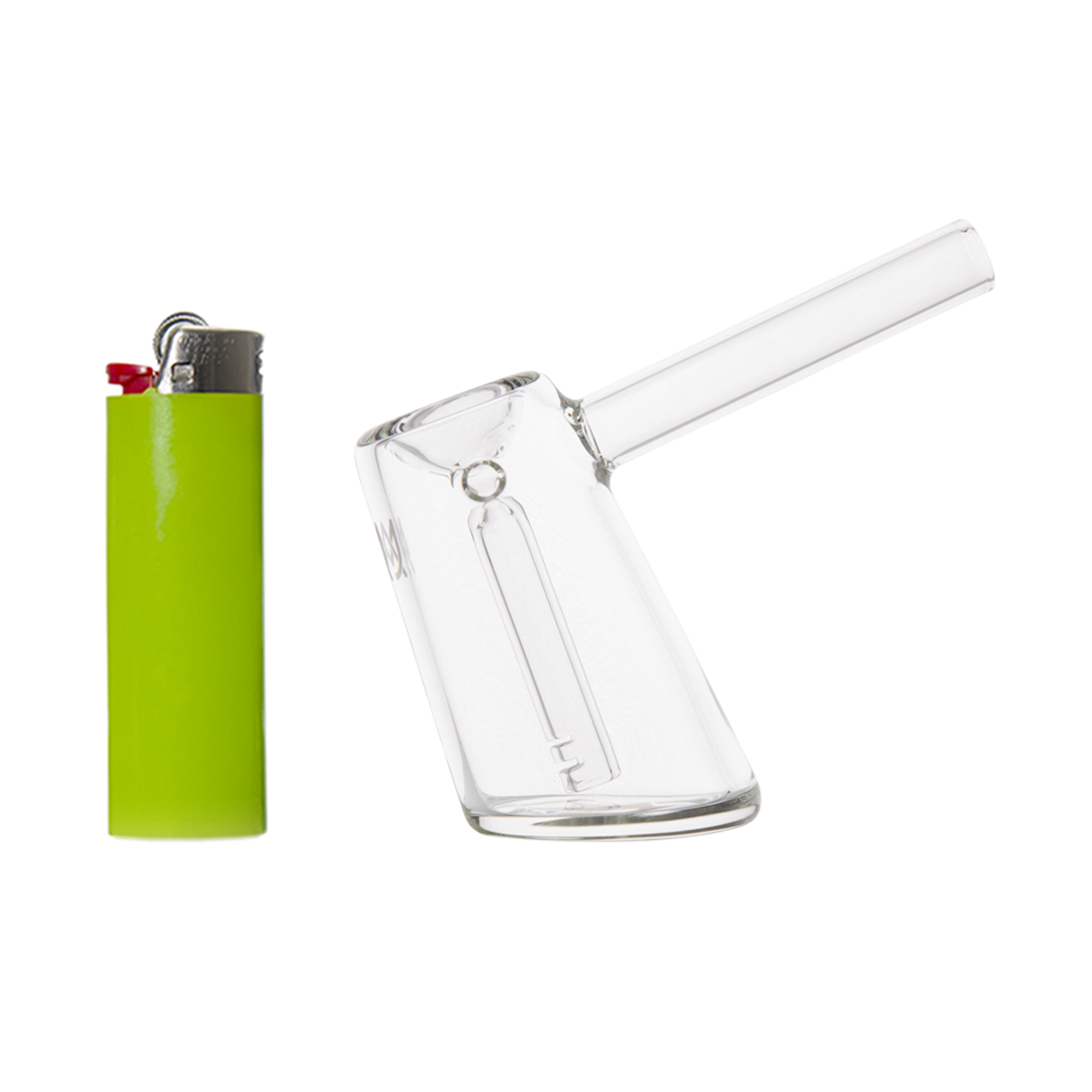 MJ Arsenal Fulcrum Bubbler with clear borosilicate glass, side view next to green lighter