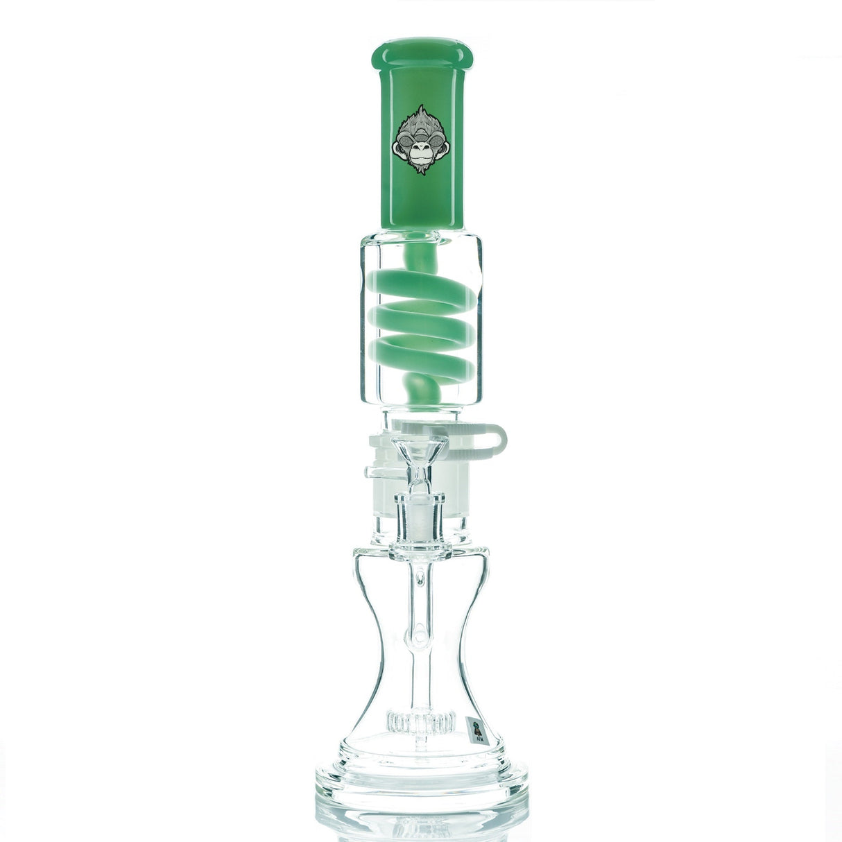 AFM Glass 14" Shower Head Freezable Coil Bong with Green Accents - Front View