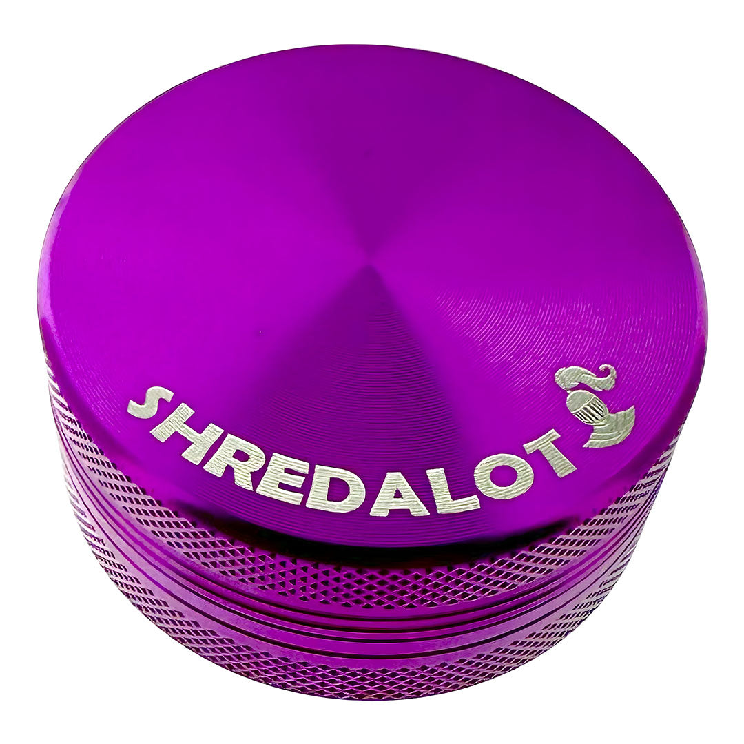 Sir Shredalot 2-Part Grinder in Vibrant Purple - Top View with Engraved Logo